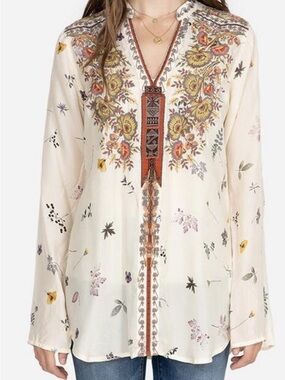 Johnny Was Cream Tunic with Red and Olive Floral Embroidery